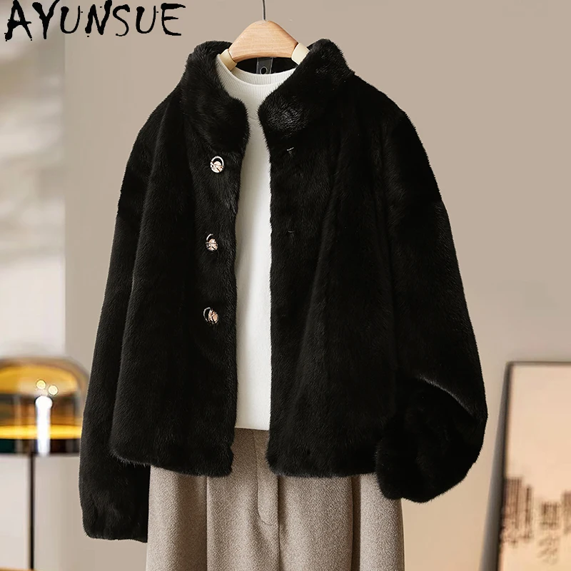 معطف فرو المنك الطبيعي من AYUNSUE معاطف نسائية فاخرة من الفرو الحقيقي بياقة واقفة معاطف نسائية من فرو المنك ملابس شتوية 2025 شغبة Жénska