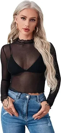 2024 Women's Long sleeved Perspective Mesh Open Navel T-shirt Top Printed Summer Spring Transparent Top