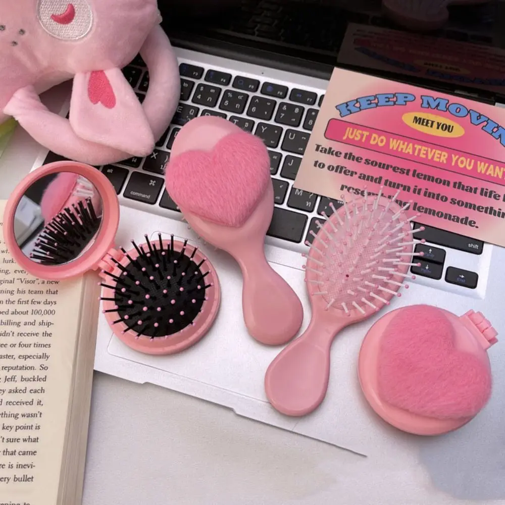 

Durable Pink Round Folding Comb with Mirror Compact Anti Static Air Cushion Comb Love Decor Cartoon Handle Comb Women