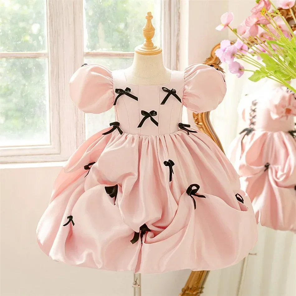 Bow Party Girls Dress Elegant Fold Wedding BirthdayPrincess Prom Dresses for Girl Gala Bridesmaids Evening Kids Clothing ASQ03