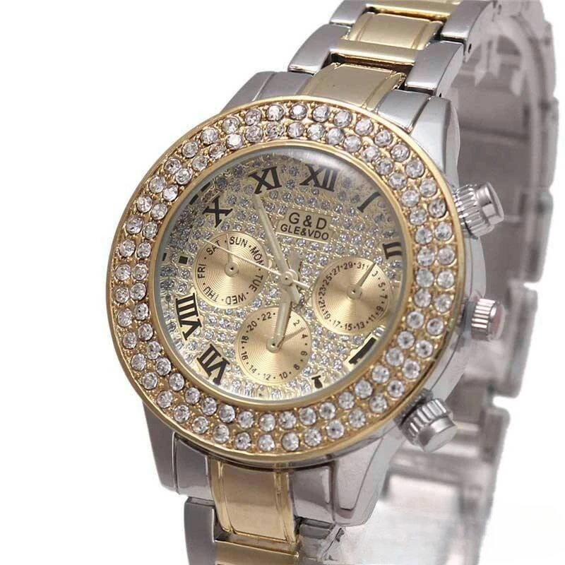 Ladies' watches gold luxury diamond plated three eyes full of European and American elegant luxury fashion quartz watches