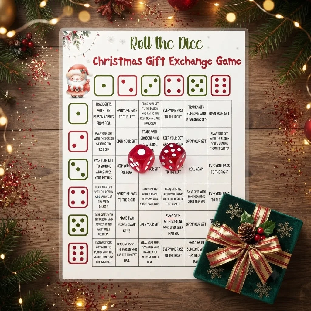 Christmas 'GIFT EXCHANGE DICE GAME', Christmas-themed board game, dice game, Christmas gifts, Christmas decorations