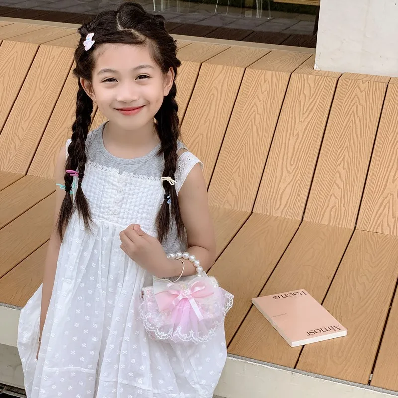 

Детская сумка через плечо с милым бантом, кошелек с милым цветком и сумки с кружевом и жемчугом, детские сумки для девочек, детская сумка на цепочке Сумка