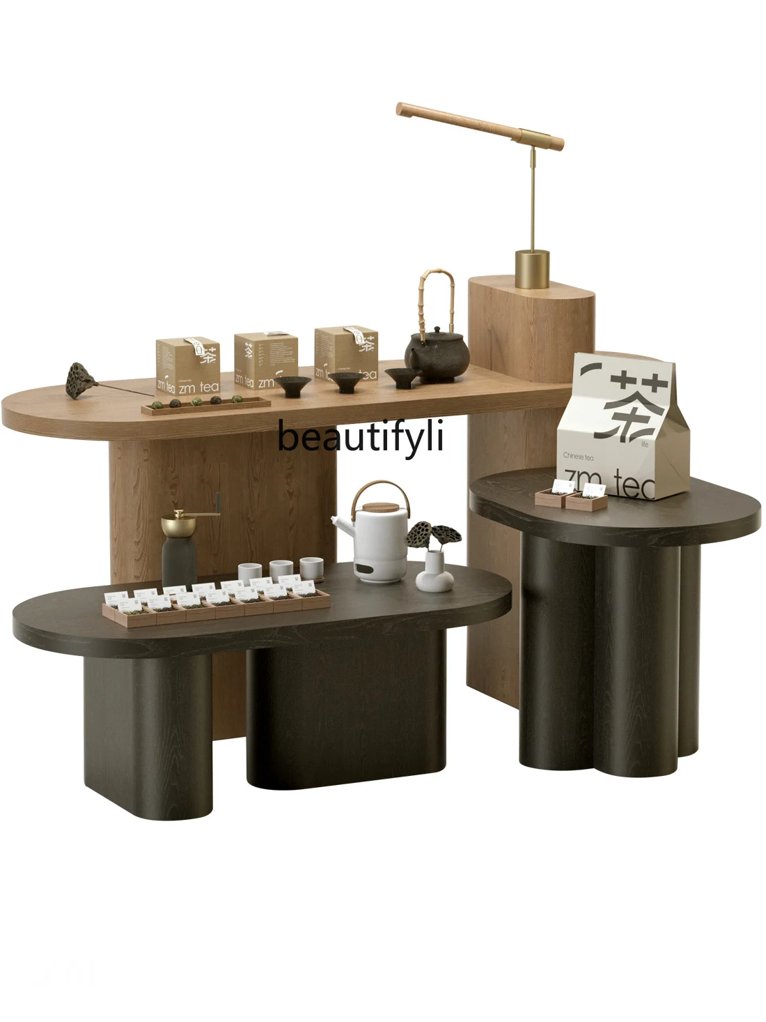 

Tea Shop High-Low Water Table Tea Set Display Stand Island Cabinet Display Container