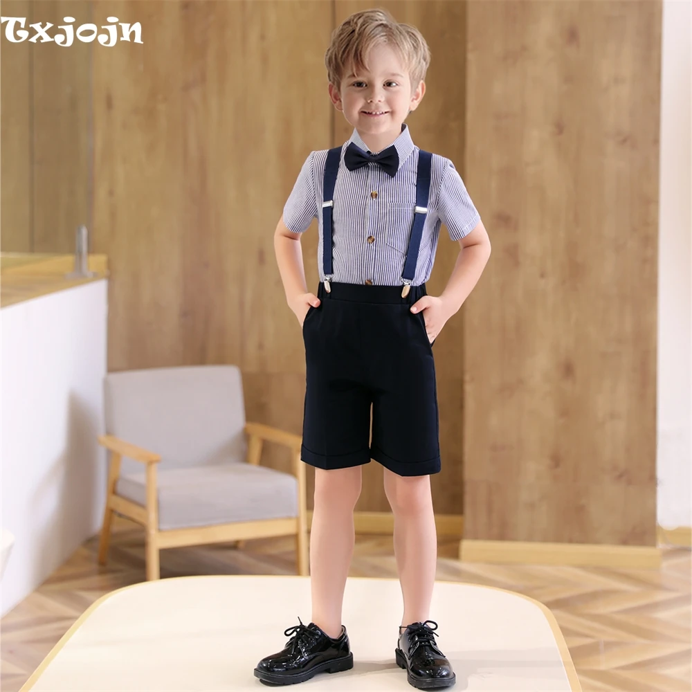 Classic British Boys Suits Blue striped Four Pieces T-shirt Bib pants Bow-tie Choral Costumes Graduation Performances