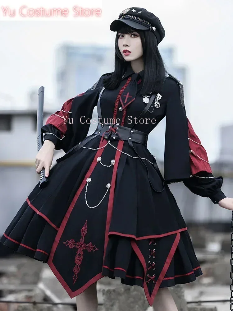 Yu Costume StoreMilitary Style Lolita OP Vestido 3 s Conjunto Negro Mangas largas Poliéster Vestido Lolita Traje