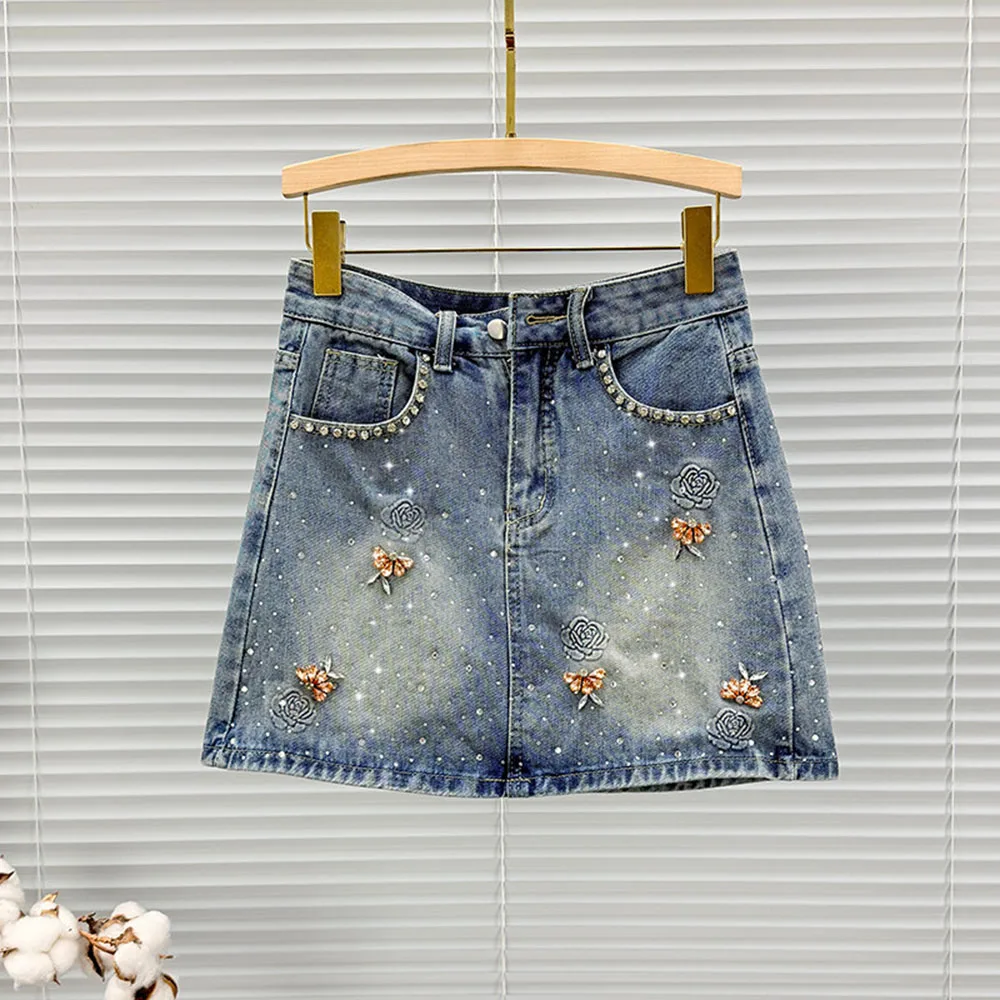Hot Selling New Rhinestone Flower Pattern Denim Skirt High Waist A Line Skirt Summer Fashion Casual Short Mini Skirts For Women