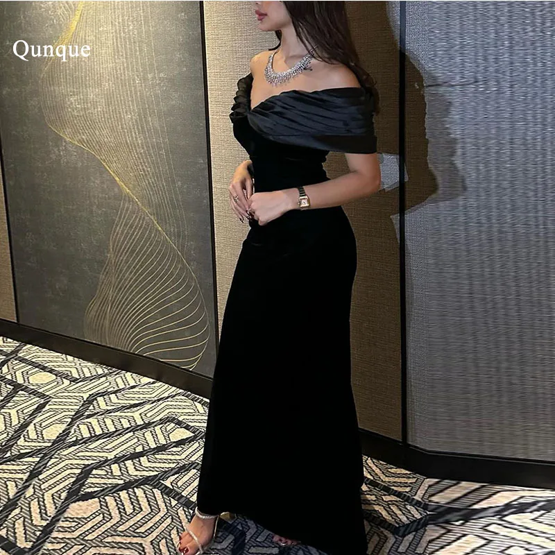 

Qunque Mermaid Evening Dresses Strapless Pleat Evening Gowns Robe Soiree Black Saudi Arabia Formal Ocassion Gowns Customized