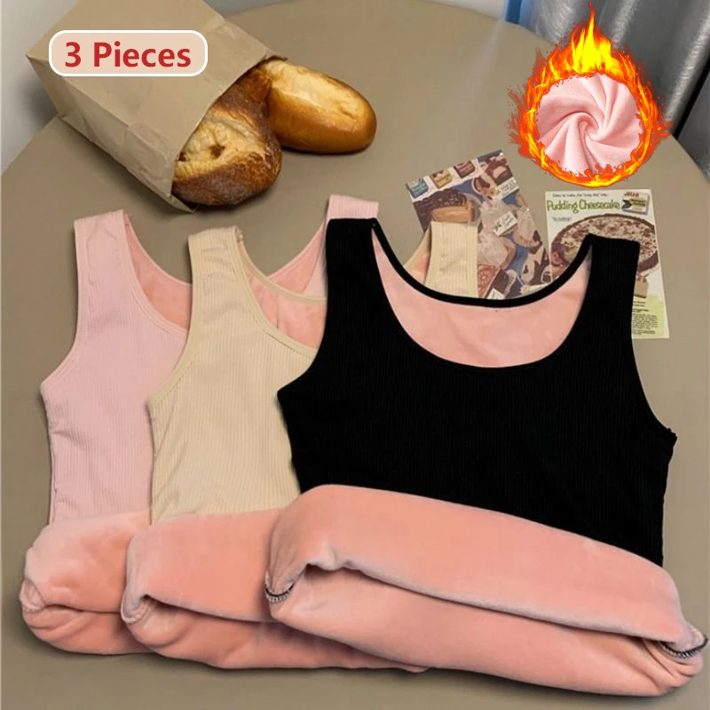 3Pcs Winter Thermische Unterwäsche Mit Samt frauen Weste Ärmel Warm Halten Top Weibliche Sexy Rundhals Dessous Solide unterhemd