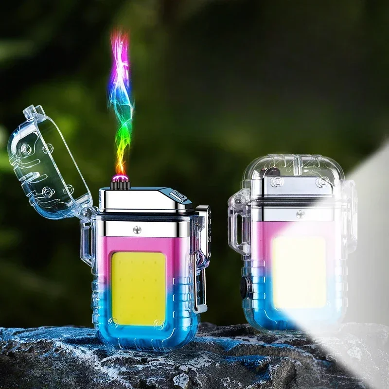 

Новинка 2025 года, прозрачная водонепроницаемая зажигалка, ветрозащитная зажигалка, плазменный фонарик с двойной дугой, USB перезаряжаемая уличная зажигалка для кемпинга