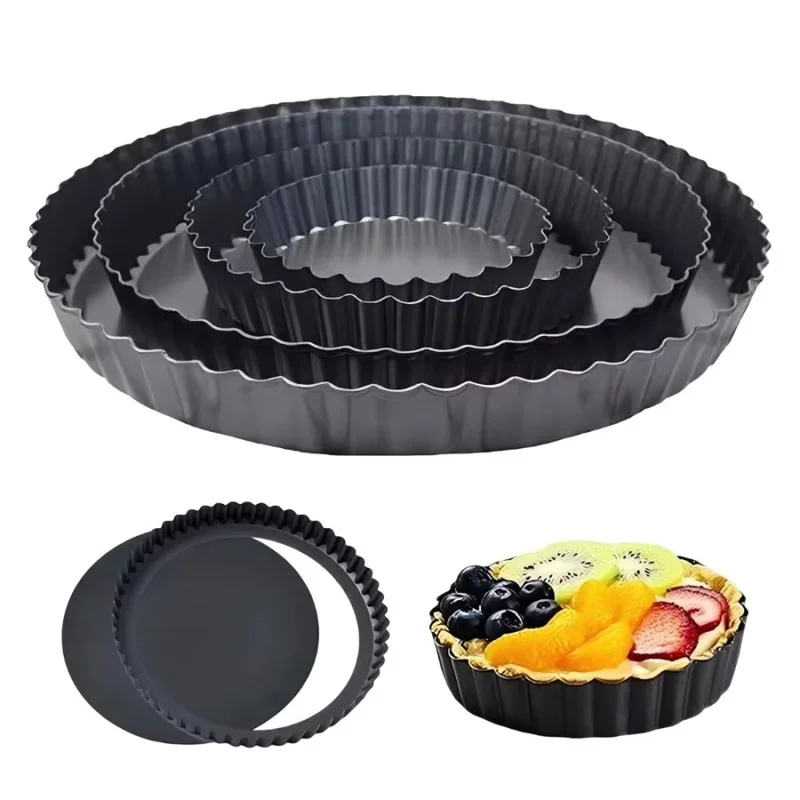 1pc Removable Bottom Fluted Tart Pan Non-Stick Carbon Steel Quiche Pie Molds Wave Edge Baking Tray for Fruit Cake Kitchen Oven