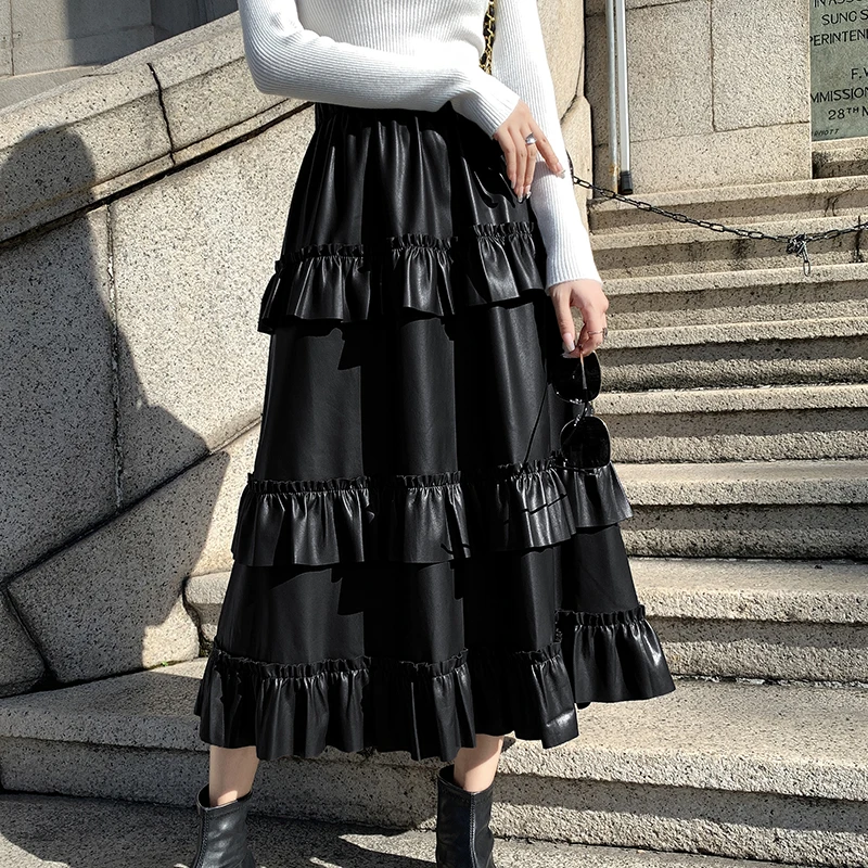 Fall Winter PU Leather Skirts Ruffles Elastic Waist A-Line Midi Skirts Faux Leather Skirts Fashion Casual Elegant PU Skirts 2024