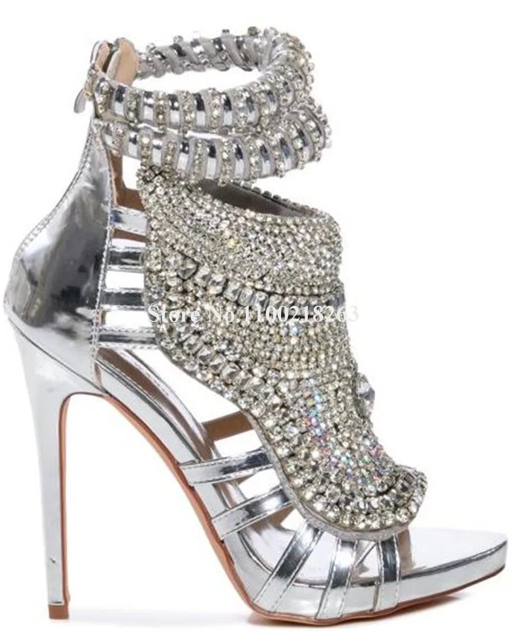 Silver Rhinestones Thin Heel Short Gladiator Boots Peep Toe Crystals Diamonds Decorated Stiletto Heel Cut-out Ankle Booties