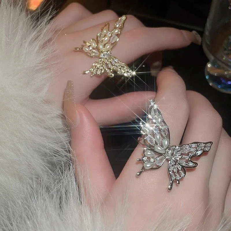 

New Luxurious Zircon Pearl Butterfly Open Ring for Women Exquisite and Stylish Daily Accessories Party Jewelry Birthday Gifts