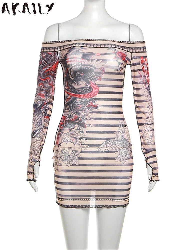 Akaily Summer Dragon Print Long Sleeve Sexy Mesh Mini Dress Party Clubwear For Women 2024 See Through Slash Neck Bodycon Dress