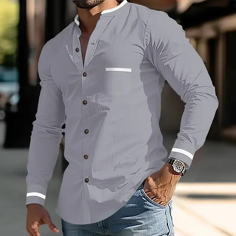 

2026 Men's Solid Color Minimalist Business Stand Collar Cardigan Button Pocket Shirt Blue White Pink Soft Comfortable Material
