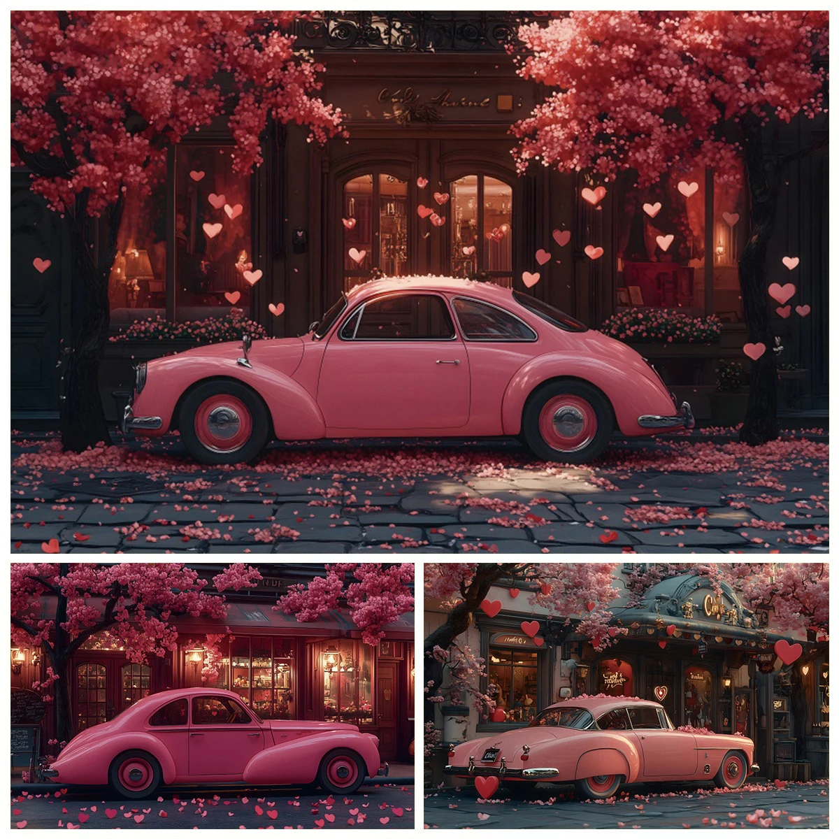 

Pink Flowers Valentine's Day Street Photography Backdrop Romantic Valentine Truck Red Love Heart Wedding Party Photo Background