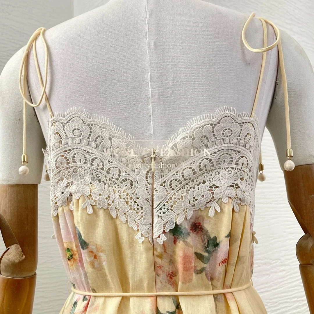 린넨 2025 고품질 노란색 플로럴 프린트 민소매 레이스 패치워크 백리스 미디 드레스