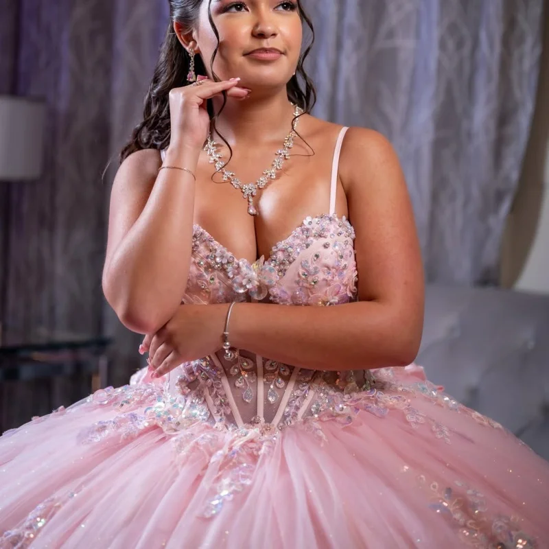 Pink Quinceanera Dress off-shoulder Sequins Crystal 3D Flower Decal Long Tail Tull Layering Bow Vestidos De 15 Quinceanera ﻿Cust