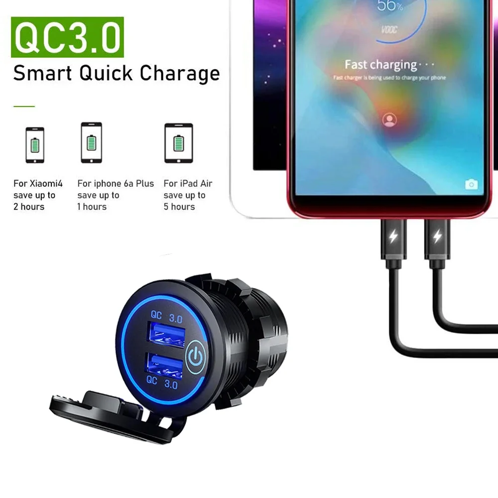 

Quick Charge 3.0 Dual USB Fast Car Charger Socket Accessories Waterproof 12V 24V QC3.0 Power Outlet with Touch Switch Led Light