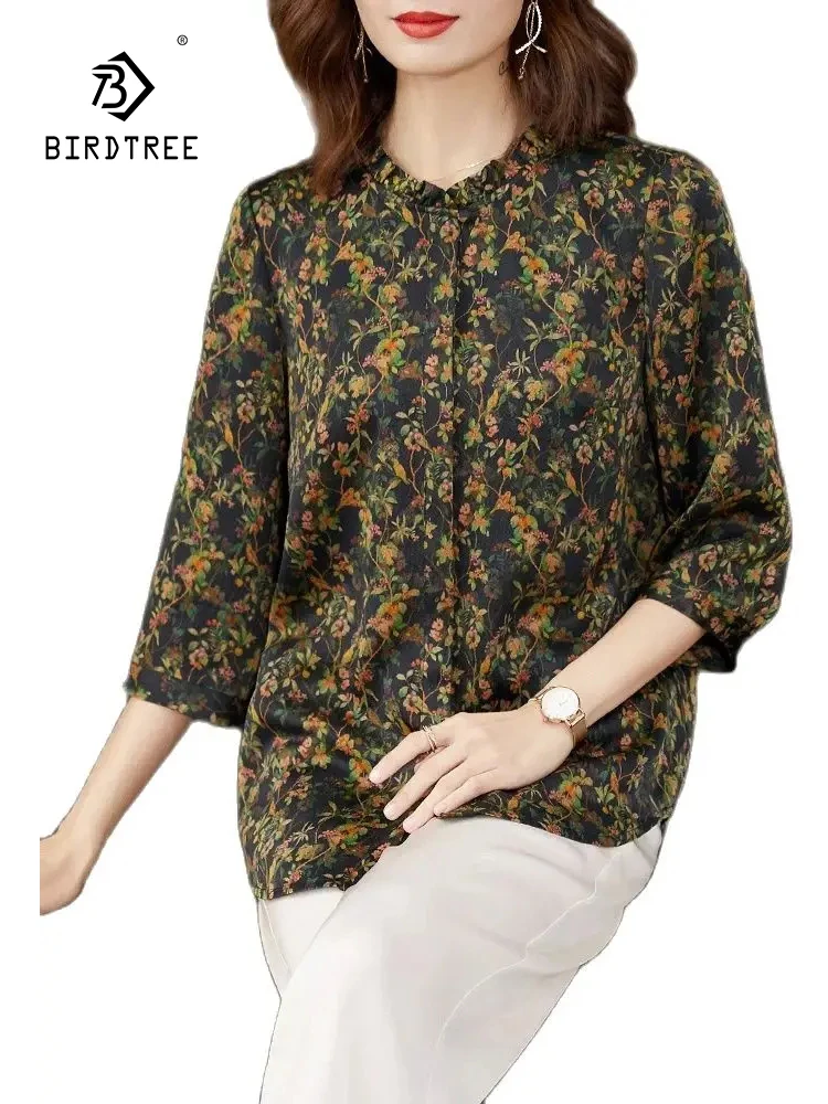 

BirdTree Half Sleeve O Neck,Vintage Printed Temperament Blouse,100%Real Silk XiangYunSha Shirt For Women,2024 Spring T42283QC