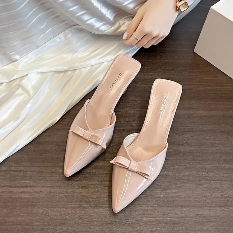 2026 Summer Fashion Women Sandals Exquisite Bowknot Pointed Toe Slippers Minimal Elegant Ladies Thin High Heels Shoes
