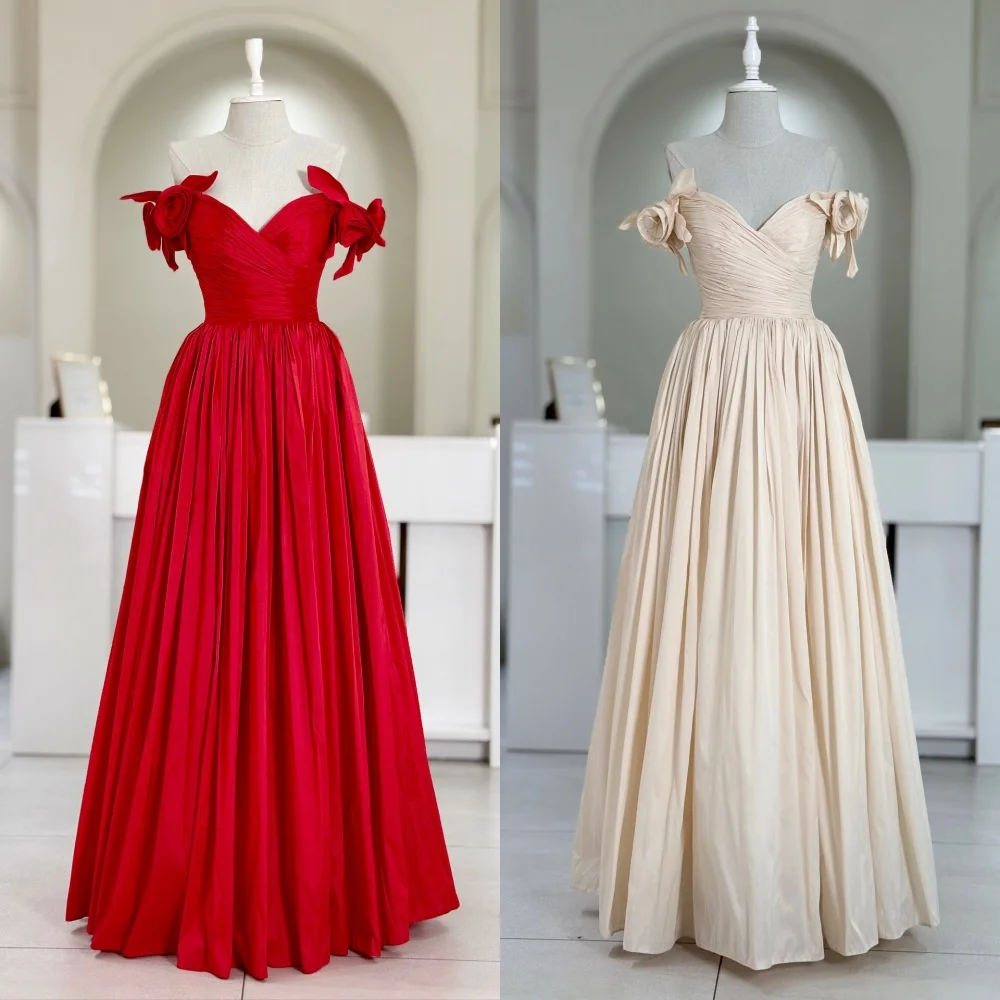 

Customized Fashion Modern Style Pleat Handmade Flower Draped A-line Off-the-shoulder Long Dresses Bespoke Occasion Dresses Retro