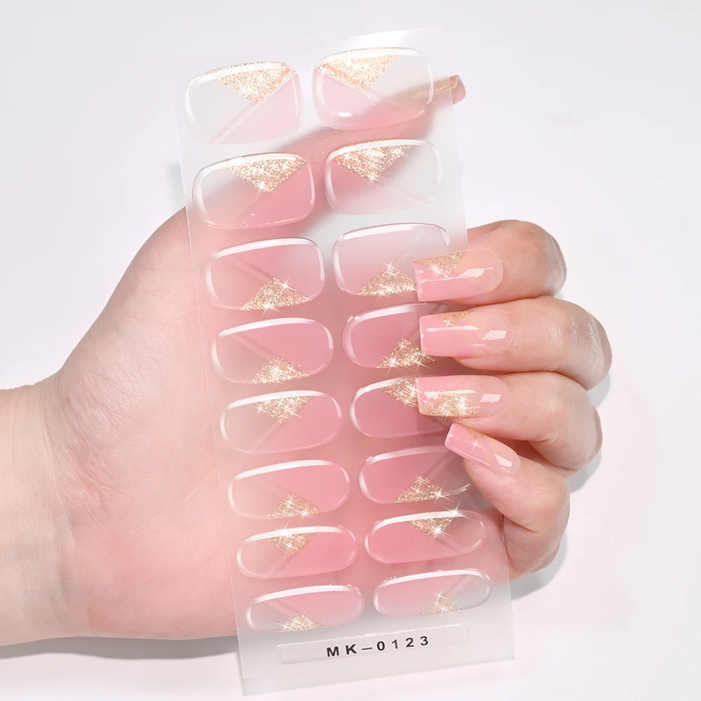 16Tips/set Baking-free Ice-Transparent Pink Spring Nail Sticker With 3D White Daisy Flower Nail Wraps Adhesive Gel Nail Strip