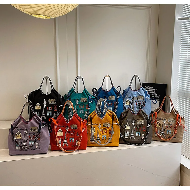 

FEILER 2025 New Eco-friendly Nylon Cloth Shopping Bag Japanese Embroidery Shoulder Bag Small Paris Tower All New Style Handbag
