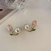 French Tulip Flower Stud Earrings Light Luxury Imitation Pearl Earrings Women's Fashion Summer Female Ear Jewelry Party Gifts