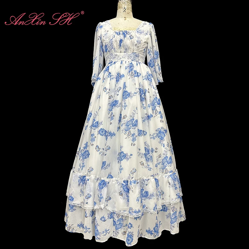 AnXin SH vintage princess blue rose flower white chiffon sweetheart half sleeve ruffles zipper a line customized evening dress