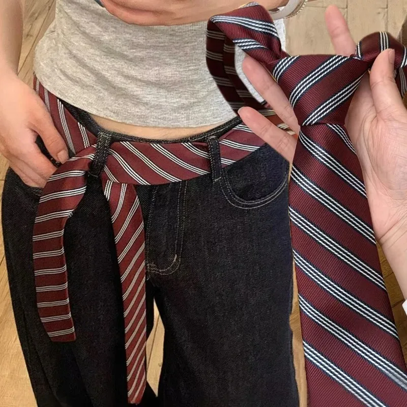 Retro Red Striped Tie Belts with Jeans Necktie Decorative Accessory Multi-functional Personality Fashion Headband Scarf Belts