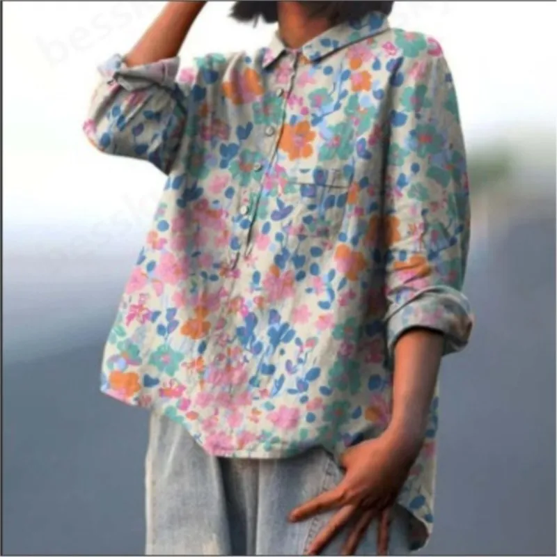 Vintage Floral Art Printed Women\'s Lapel Neck Casual Linen Long Sleeve Shirt Autumn Button Shirts Tops Fashion Chic Streetwear