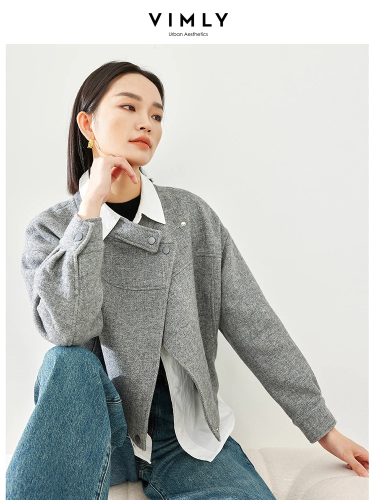 Vimly Wool & Blend Coats Casual Cropped Jacket Stand Collar Qulited Jackets for Woman 2023 Autumn Winter Women\'s Outerwear M5335