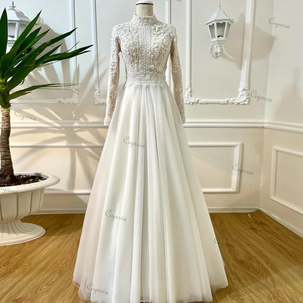 

Ciynsia Princess France Wedding Dresses for Bride 2023 A-Line Lace Dubai Muslim Bridal Dress with Sleeves Vestido De Casamento