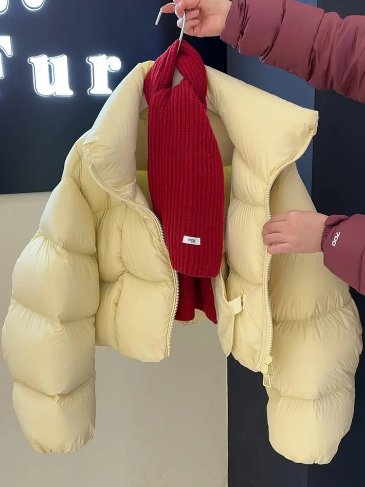 

Пышная белая куртка Du down Jaet, женская зимняя верхняя одежда, корейское теплое пальто желтого молочного цвета, маленький размер