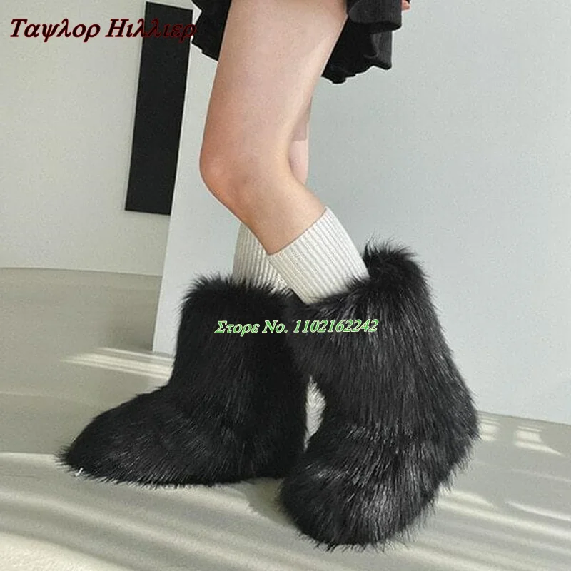 Winter Shoes For Women Black/Brown Round Toe Thick Sole Slip-On Fox Fur Boots Fashion  Outer Wear Warm Plus Fleece Short Boots