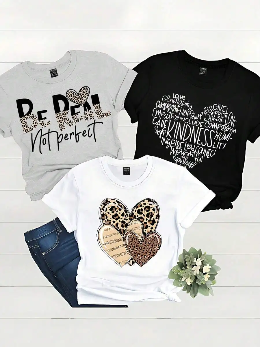 3Pcs/Set Cute Heart Leopard Print Womens Clothing Summer Breathable Short Sleeve T-Shirt Pack Coquette Core Loose Casual Basics Tops