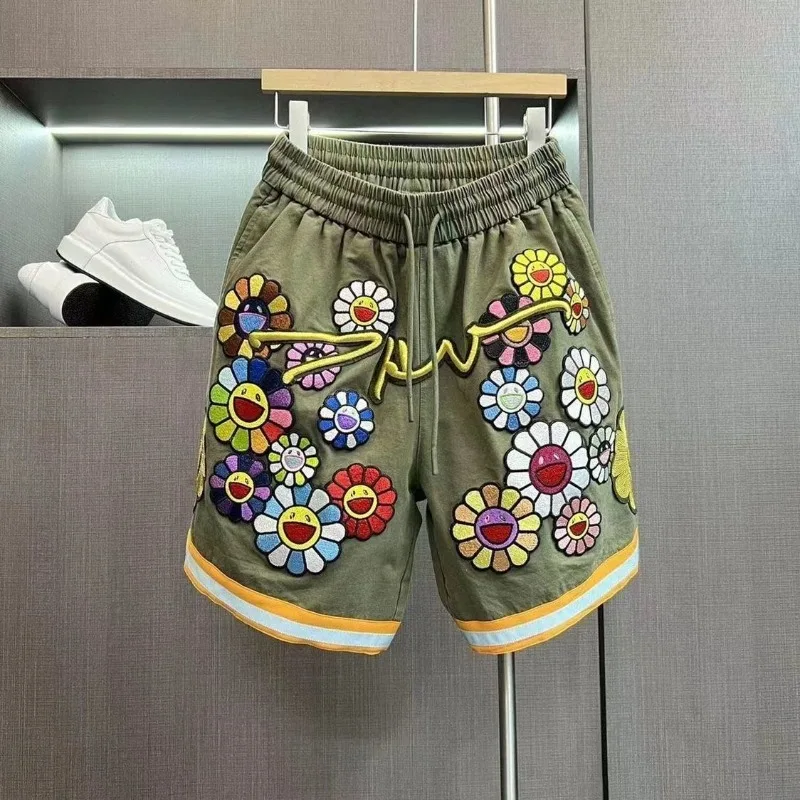 Hikigawa Chic Fashion Women Floral Embroidery Loose Shorts Cargo Pants Streetwear Sporty Thin Casual All Match Pantalones Mujer