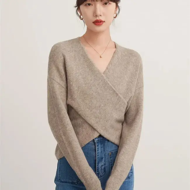 

Pullover Knitted Sweater V-Neck Cross Design Women'S Autumn And Winter Long-Sleeved Retro Harajuku Elegant Loose Sweater Top