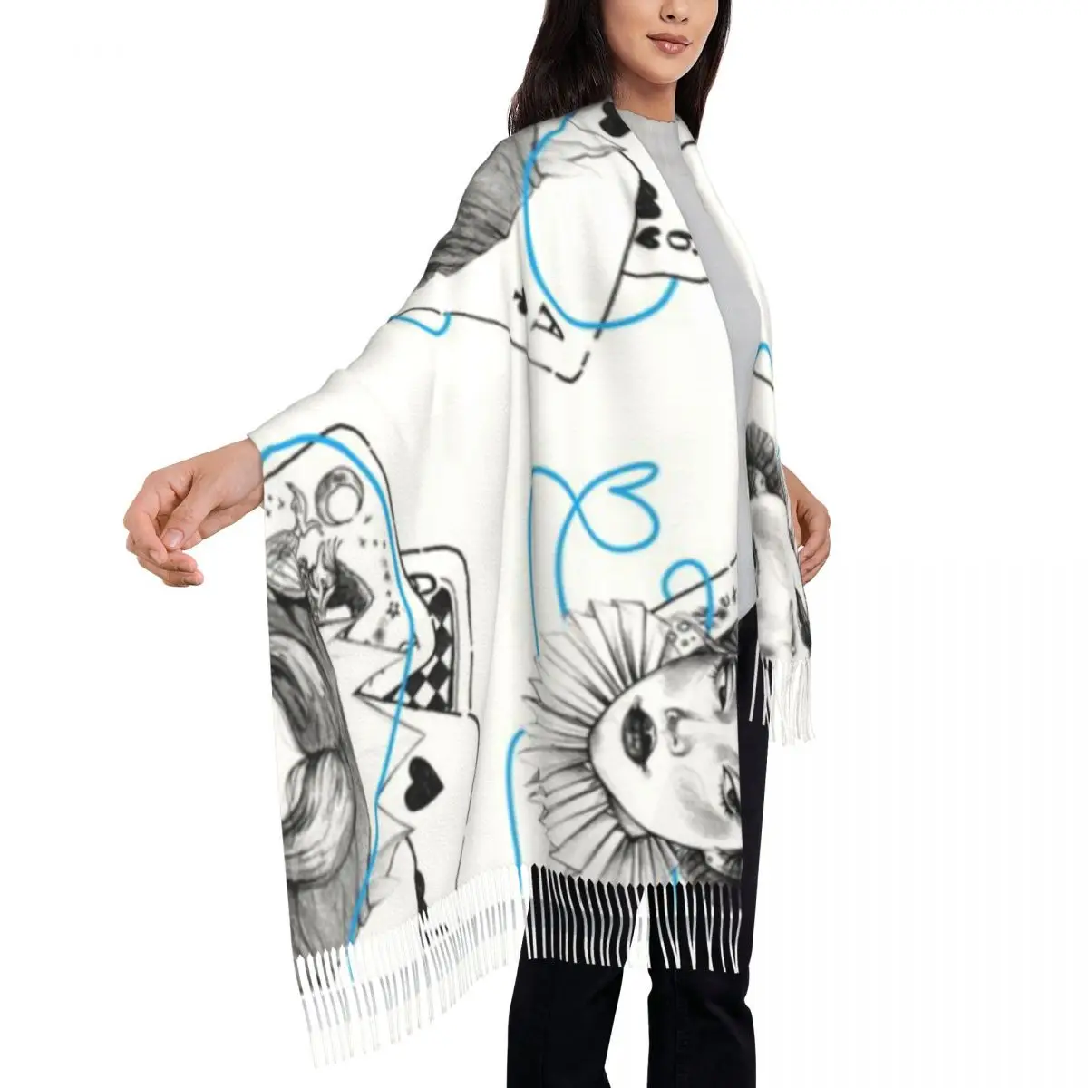 ポーカーカード-美しい女王-72x197cm-ショール-タッセル-スカーフ