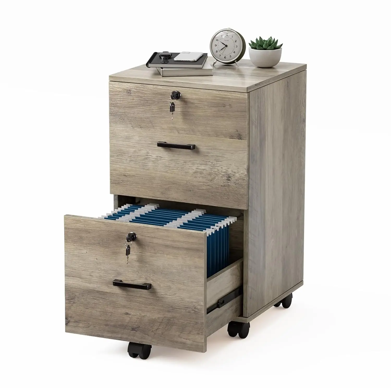 2 Drawer File Cabinet with Lock, Wood Rustic Gray Filing Cabinet for Letter Size File Folders with Tabs, Under Desk, Customized