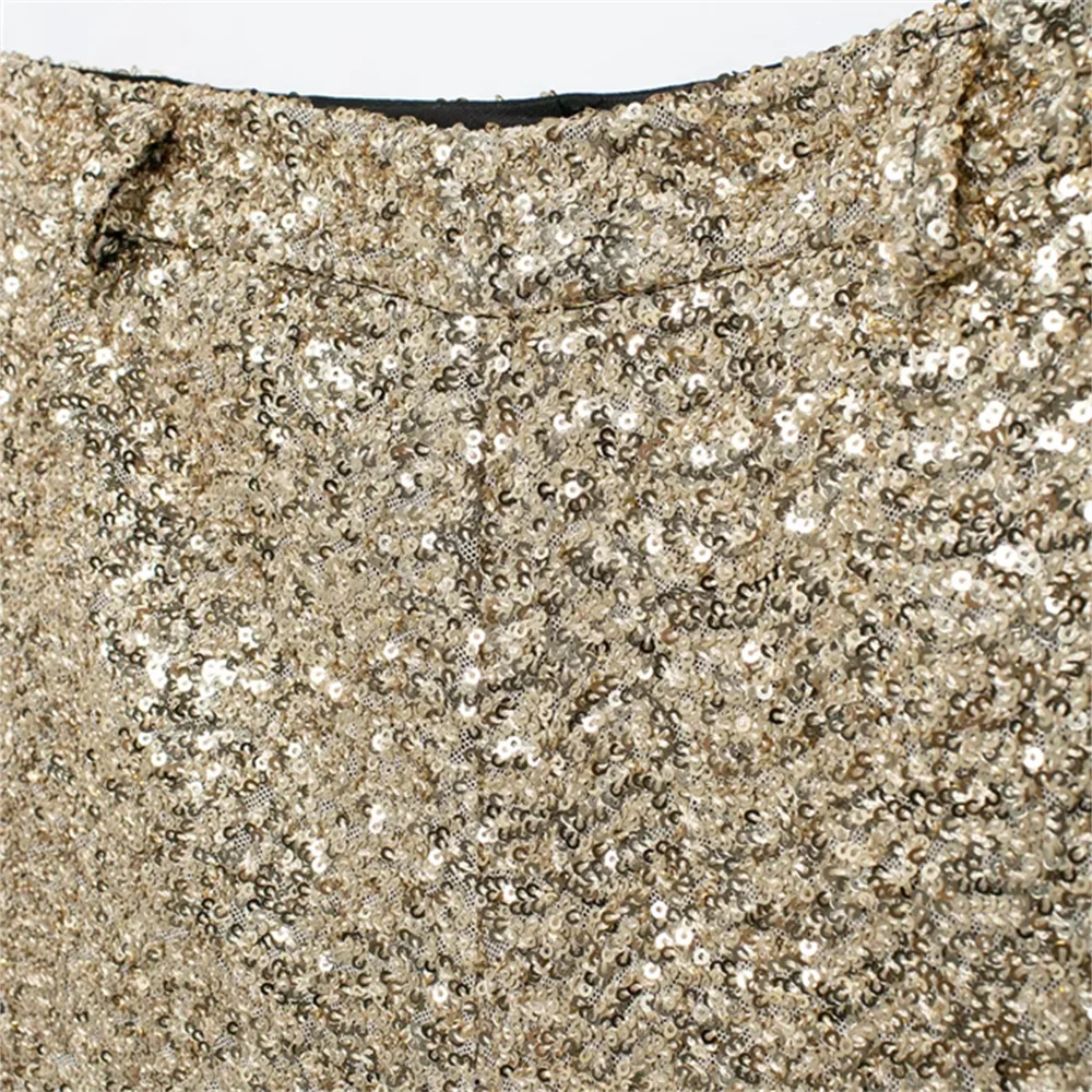 Taop&Za  women's 2024 winter pearl embellishment mid waist casual gold sequin A-line wide leg shorts