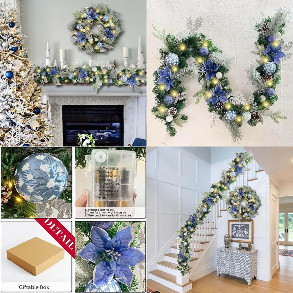 

Освещенная 6-футовая серебристо-синяя рождественская гирлянда с огнями для входной двери и каминных украшений