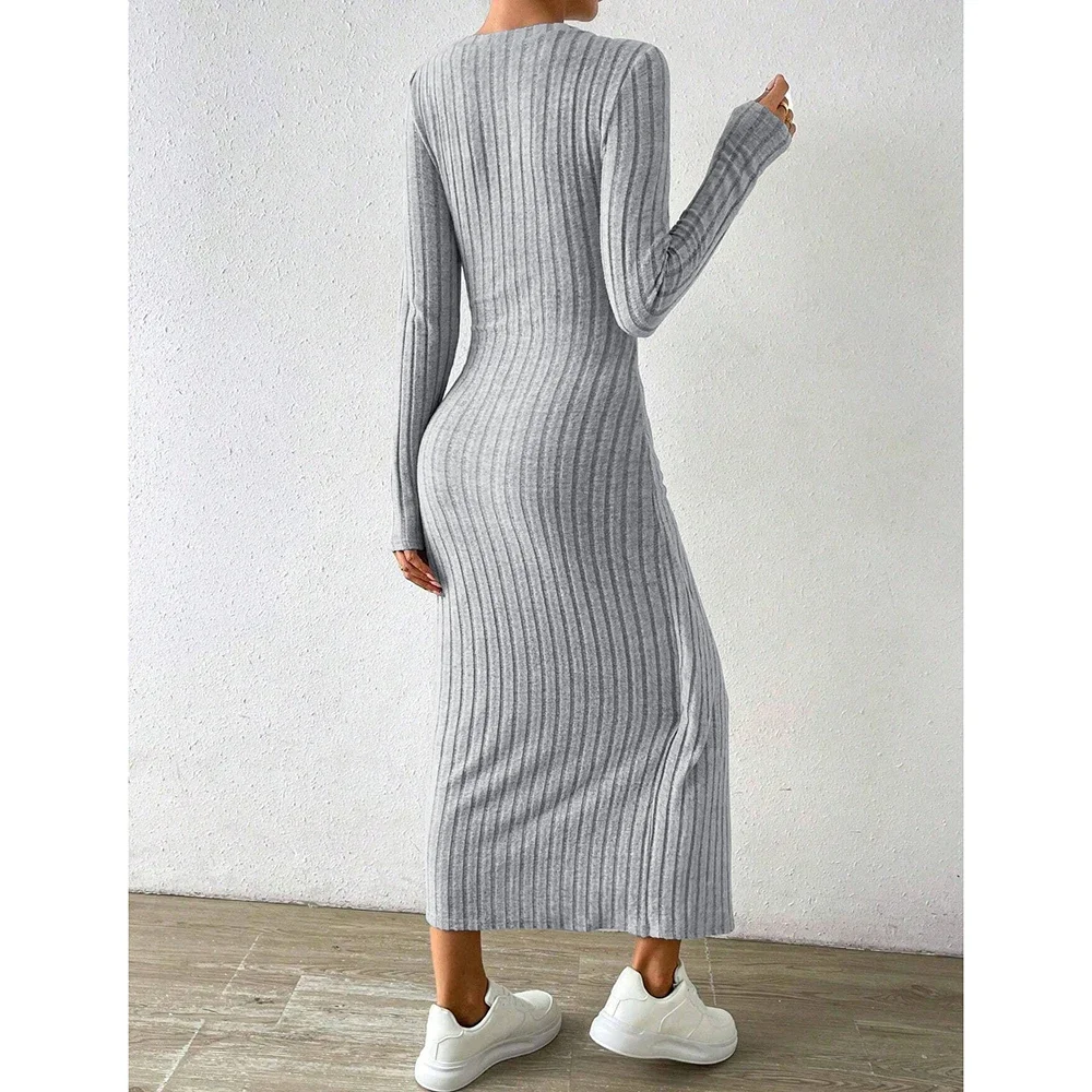 Cpsymym vestidos bodycon femininos nó assimétrico maxi manga comprida slim fit em torno do pescoço sólido vestidos de outono mulher