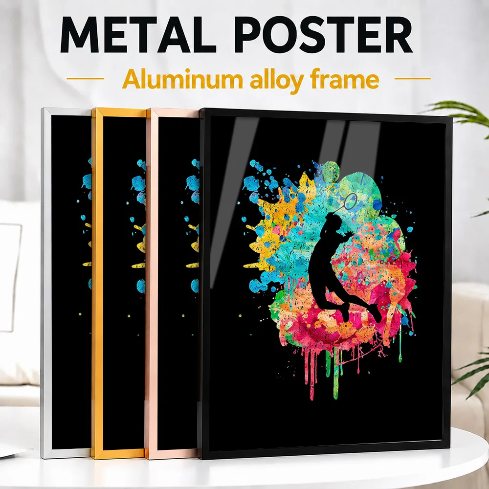 Badminton Pop Color Metal Poster With Aluminum Alloy Frame Personalized Photo Bold Contemporary Style Wall Art For Sports Hall