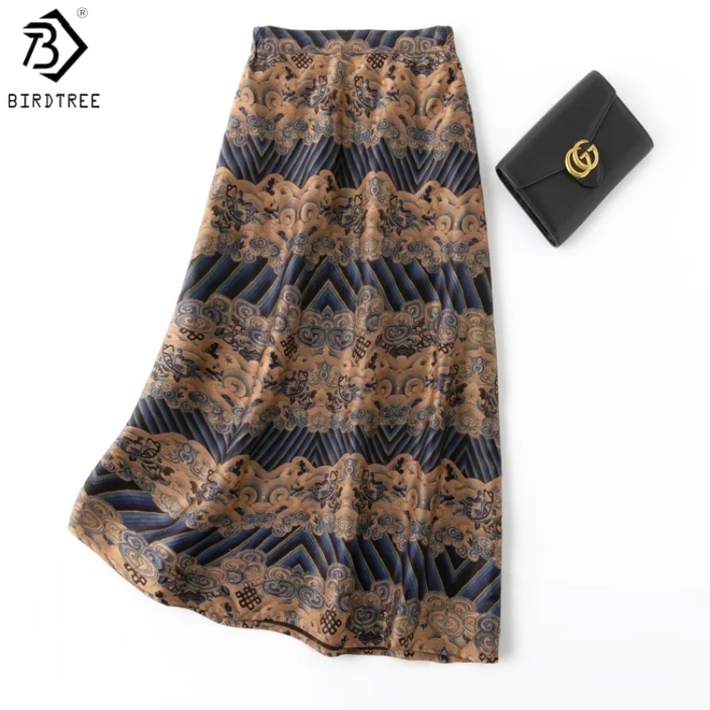 

Birdtree,100% Mulberry Silk Print Skirt,Woman Elastic Waist Pocket Straight Skirts,2025 Autumn/Winter Retro Midi Skirt D5O823JF