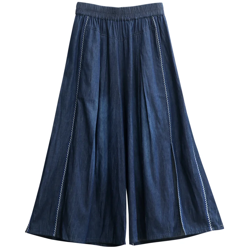 TIYIHAILEY Free Shipping Wide Leg Long Pants For Women Trousers Denim Jeans Elastic Waist Ripped Casual Pants With Pockets
