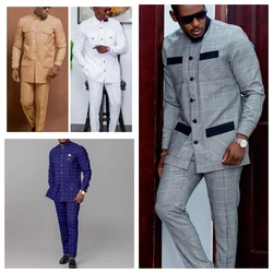 2024 New in African Style Elegant Plaid Single Breasted Top and Pants 2 Piece Wedding Party Business Men Clothing Set