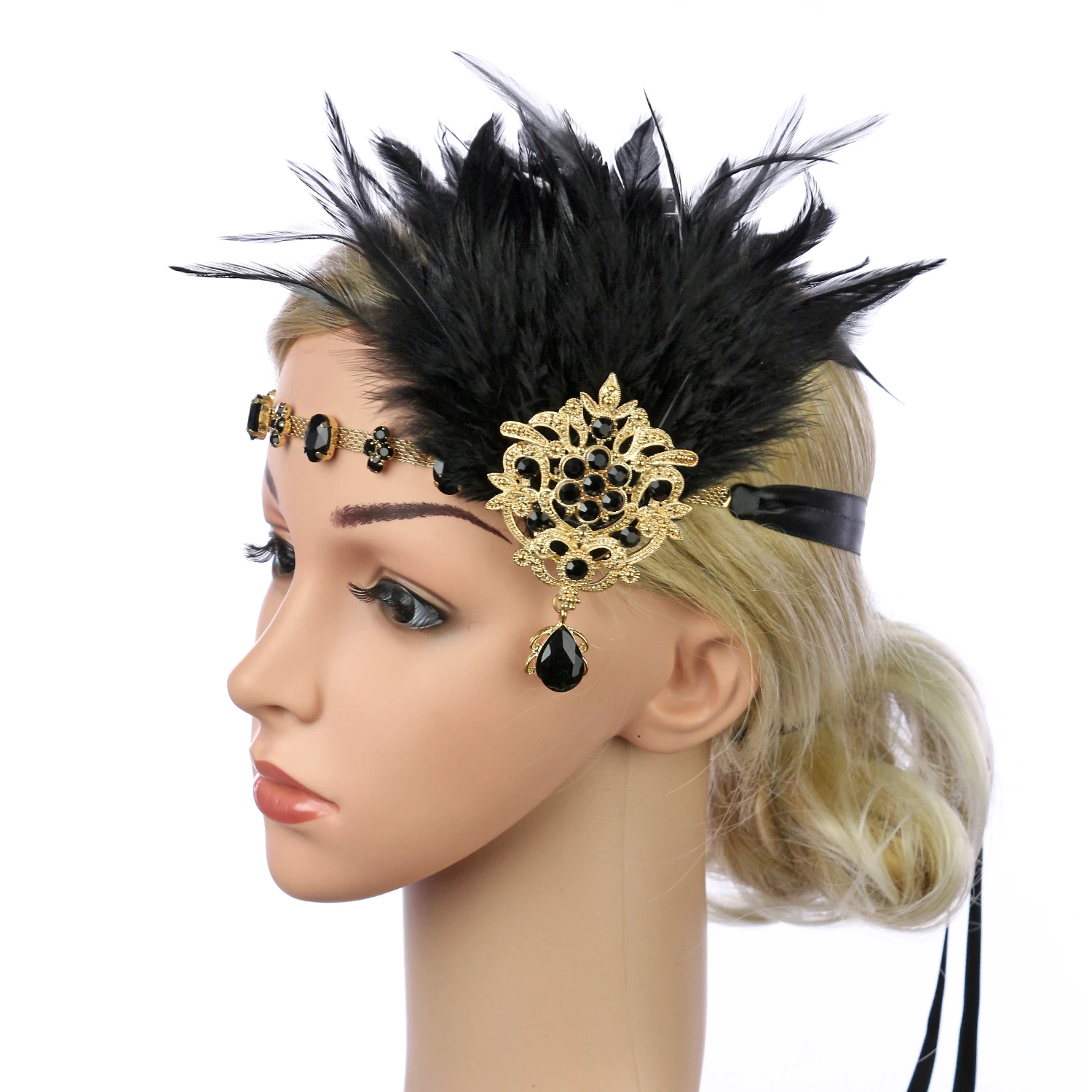 

Аксессуары для волос, черная повязка для волос со стразами и блестками, винтажная повязка на голову 1920-х годов в стиле Гэтсби, вечерние головные уборы, женская повязка на голову с перьями